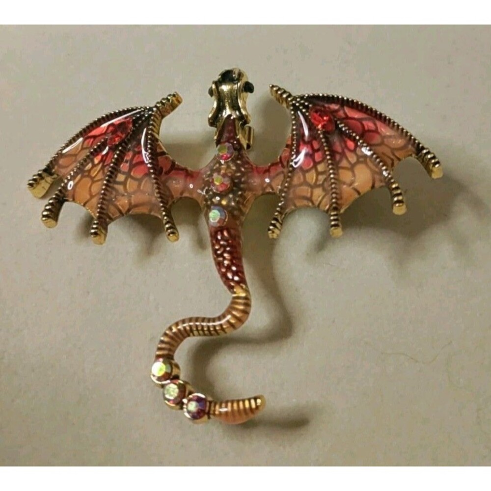 Red & Gold Tone Enamel Dragon Brooch
